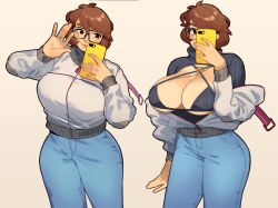  1girl biki_knit bikini black-framed_eyewear blue_pants breasts brown_eyes brown_hair cellphone cleavage denim grey_bikini grey_sweater holding holding_phone jeans large_breasts long_sleeves looking_at_phone looking_at_viewer original pants phone ribbed_bikini short_hair simple_background smartphone smile snowcie snowciel_(snowcie) standing sweater swimsuit taking_picture 