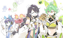  3_ma_me 4girls animal_ears animalization bare_shoulders bell bell_earrings black_hair blush_stickers bracelet_girls brown_eyes cat_ears chibi chibi_inset closed_eyes cosplay crop_top detached_sleeves earrings energy_tail fox_ears fox_tail green_eyes ha-re_the_sword_mikanko ha-re_the_sword_mikanko_(cosplay) hiiragi_yuzu holding hu-li_the_jewel_mikanko hu-li_the_jewel_mikanko_(cosplay) hugo_(yu-gi-oh!) japanese_clothes jewelry joeri_(yu-gi-oh!) kurosaki_ruri long_hair long_sleeves midriff mouse_ears multiple_girls ni-ni_the_mirror_mikanko ni-ni_the_mirror_mikanko_(cosplay) nontraditional_miko ponytail puffy_sleeves red_hair rin_(yu-gi-oh!) sakaki_yuya sanaki_the_mikanko_devotee sanaki_the_mikanko_devotee_(cosplay) serena_(yu-gi-oh!) short_hair tail ute_(yu-gi-oh!) wide_sleeves yu-gi-oh! yu-gi-oh!_arc-v 