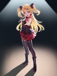  1girl :o akatsuki_uni ankle_boots bare_arms black_boots black_dress black_thighhighs blonde_hair boots colored_shoe_soles commentary_request curtained_hair dress full_body gloves hair_ornament hairclip high_collar high_heel_boots high_heels highres holding holding_microphone jacket jacket_over_dress light_particles long_hair looking_at_viewer microphone open_mouth oversized_zipper partially_fingerless_gloves pointing pointing_at_viewer purple_eyes purple_jacket red_dress shadow short_dress single_glove sleeveless sleeveless_dress sleeveless_jacket slit_pupils solo spotlight standing teeth thighhighs two_side_up uni_create very_long_hair virtual_youtuber wireless_microphone yasudraw zettai_ryouiki zipper zipper_pull_tab 