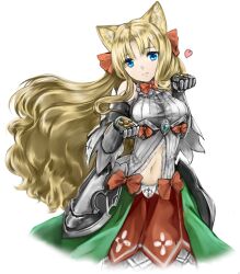  armor armored_gloves bare_shoulders blonde_hair blue_eyes breastplate emil_chronicle_online green_skirt hair_ribbon itiu long_hair midriff mitama_elise navel orange_ribbon orange_skirt paw_pose ribbon skirt white_background 