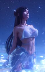 1girl armlet belly_chain bikini bikini_skirt black_hair breasts cleavage closed_eyes final_fantasy final_fantasy_vii final_fantasy_vii_ever_crisis hair_bun head_back highres jewelry long_hair navel night official_alternate_costume official_alternate_hairstyle see-through_clothes see-through_skirt showgirl_skirt single_hair_bun skirt smile solo sreliata stomach swimsuit tifa_lockhart tifa_lockhart_(passion_mermaid) very_long_hair white_bikini 