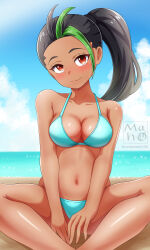  1girl absurdres alternate_costume aqua_bikini bikini black_hair blush breasts brown_eyes closed_mouth cloud collarbone commentary_request day eyelashes green_hair head_tilt highres maho_(corotonton5150) multicolored_hair navel nemona_(pokemon) nintendo outdoors pokemon pokemon_sv ponytail sand shiny_skin shore sitting sky smile solo sparkle swimsuit two-tone_hair water watermark 