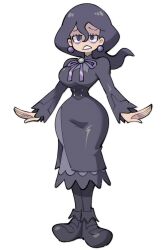  1girl @_@ bags_under_eyes black_dress black_hair breasts dress earrings full_body hex_maniac_(pokemon) hex_maniac_(pokemon_legends:_z-a) highres jewelry large_breasts lipstick long_hair long_sleeves makeup narrow_waist nintendo pokemon pokemon_legends:_z-a shenanimation simple_background solo white_background wide_hips 