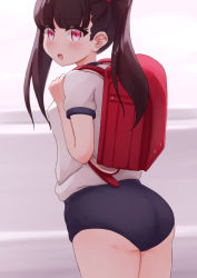 1girl ass backpack bag blue_buruma brown_hair buruma female_focus from_behind gym_uniform kai_ooo1 loli long_hair looking_back open_mouth original pink_eyes randoseru shirt short_sleeves solo thighs twintails white_shirt rating:Questionable score:91 user:danbooru
