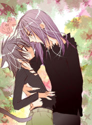  2boys animal_ears cat_ears cat_tail hug long_hair loveless multiple_boys pocky pocky_kiss purple_hair shared_food tail  rating:Questionable score:14 user:YouRock