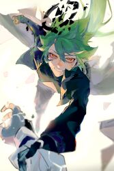  2boys aotu_world black_gloves black_jacket black_shirt blurry chinese_commentary debris fingerless_gloves floating_hair gloves green_hair hair_between_eyes halo highres holding_another&#039;s_arm jacket long_hair long_sleeves looking_at_viewer low_ponytail macchiato_bi_guanzhong male_focus multicolored_eyes multiple_boys pants parted_lips ponytail pov pov_hands red_eyes shirt smile solo_focus teeth white_background xander_(aotu_world) yaoi yellow_eyes 