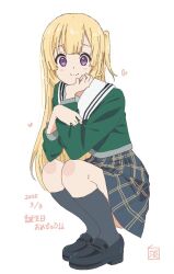  1girl 22/7 black_shoes black_skirt black_socks blonde_hair closed_mouth dated fujima_sakura green_shirt hand_on_own_cheek hand_on_own_face happy_birthday heart kneehighs loafers long_hair long_sleeves looking_at_viewer miniskirt one_side_up plaid_clothes plaid_skirt purple_eyes rokubanchou_school_uniform sailor_collar school_uniform serafuku shirt shoes signature simple_background skirt smile socks solo squatting tanpaku_(oqu_2) three_quarter_view white_background white_sailor_collar winter_uniform 