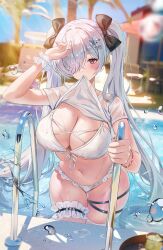  1girl beach_chair bikini blue_sky breasts cinderella_(nikke) clothes_in_mouth commentary day frilled_thigh_strap goddess_of_victory:_nikke highres large_breasts long_hair mrr_05 navel pool pool_ladder red_eyes shirt sky solo stomach swimsuit thigh_strap twintails very_long_hair water wet wet_clothes wet_shirt white_bikini white_hair white_shirt 