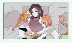  1boy 2girls animal_ears bags_under_eyes bare_shoulders bed black_bra black_hair black_panties blush bra braid breasts cat_ears cat_girl cat_tail closed_eyes commission commissioner_upload facepaint facial_mark fire_emblem fire_emblem:_path_of_radiance fire_emblem:_radiant_dawn forehead_mark hair_between_eyes lethe_(fire_emblem) locked_arms lyre_(fire_emblem) multiple_girls nintendo on_bed open_mouth orange_hair orange_tail panties passport_herb pillow shirt siblings sisters sleeping small_breasts soren_(fire_emblem) sweat t-shirt tail tail_wrap twins underwear whisker_markings 