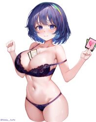  1girl ability_card_(touhou) absurdres areola_slip between_breasts blue_hair blush bra breasts closed_mouth commentary cowboy_shot dobostorte hairband highres large_breasts lingerie looking_at_viewer multicolored_hairband panties purple_bra purple_panties short_hair simple_background smile symbol-only_commentary tenkyuu_chimata touhou twitter_username underwear white_background 
