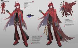  1boy absurdres altermyniad androgynous black_bodysuit bodysuit english_text feathered_wings full_body funnels_(gundam) gundam gundam_gquuuuuux highres horns long_hair looking_at_viewer mecha_danshi multiple_wings personification purple_eyes red_bodysuit red_gundam red_hair reference_inset side_cape solo standing two-tone_bodysuit very_long_hair wings 