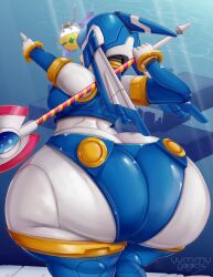  1girl android armor ass blue_armor blue_helmet blue_sleeves blue_vest bubble butt_crack colored_skin crop_top curvy detached_sleeves eyelashes fairy_leviathan_(mega_man) fins flippers head_fins helmet highres holding holding_polearm holding_weapon huge_ass jewelry joints light_rays mega_man_(series) mega_man_zero_(series) met_(mega_man) open_mouth pointing polearm ring robot robot_girl robot_joints skin_tight snorkel standing teeth thick_thighs thighs underwater upper_teeth_only vest water weapon white_skin wide_hips yummygoods  rating:Sensitive score:16 user:Undeaddragon