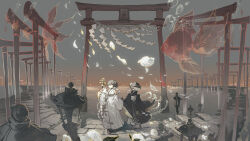  2girls absurdres bell black_kimono detached_sleeves fish goldfish highres japanese_clothes jingle_bell kagura_suzu kimono lankilanki long_sleeves multiple_girls nontraditional_miko original outdoors petals standing stone_lantern torii water white_kimono wide_shot wide_sleeves 