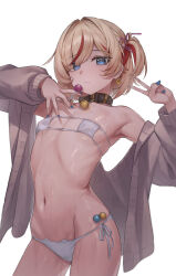1girl absurdres armpits bare_shoulders bell bikini black_choker blonde_hair blue_eyes blue_nails borrowed_character breasts brown_cardigan cameltoe candy cardigan cat_ear_bikini choker closed_mouth contrapposto cowboy_shot di_le_to earrings expressionless eyepatch_bikini food hair_ornament hands_up highres holding holding_candy holding_food holding_lollipop jewelry jingle_bell lollipop looking_at_viewer multicolored_hair nail_polish navel off_shoulder one_side_up open_cardigan open_clothes original saliva saliva_trail short_hair side-tie_bikini_bottom simple_background small_breasts solo standing stomach streaked_hair string_bikini swimsuit thighs v wet white_background white_bikini rating:Questionable score:62 user:danbooru