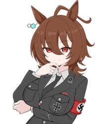  1girl absurdres agnes_tachyon_(umamusume) ahoge alternate_costume animal_ear_piercing armband black_cat03 black_jacket black_necktie breasts brown_hair closed_mouth cross hair_between_eyes highres huge_ahoge iron_cross jacket large_breasts long_sleeves looking_at_viewer military_uniform nazi necktie red_armband red_eyes shirt short_hair simple_background smile solo swastika umamusume upper_body white_background white_shirt 
