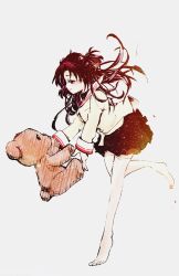  1girl aika4869cona black_skirt clannad hair_ornament highres ichinose_kotomi purple_eyes purple_hair sailor_collar school_uniform shirt skirt smile stuffed_animal stuffed_toy teddy_bear white_background yellow_shirt 