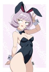 1girl ahoge animal_costume antenna_hair antennae armpits artist_name breasts brown_eyes choker colored_skin curvy female_focus hair_ornament highres komi-san_wa_komyushou_desu leotard medium_breasts open_mouth osana_najimi_(komi-san_wa_komyushou_desu) peace_symbol pink_hair playboy_bunny purple_hair rabbit_costume rabbit_ears ribbon_choker shiny_skin short_hair simple_background solo solo_focus thick_thighs thighhighs thighs white_skin wristband  rating:Sensitive score:41 user:Phosh