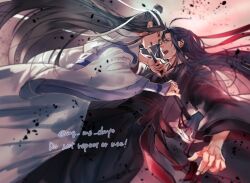  2boys ahoge bishounen black_hair black_hanfu black_robe chinese_clothes coat english_text eye_contact face-to-face fighting floating_clothes floating_hair flute grey_coat grey_eyes hair_bun hair_down hair_ribbon half_updo hanfu headband holding holding_flute holding_instrument instrument lan_wangji long_hair long_sleeves looking_at_another male_focus mg_ms_dayo modao_zushi multiple_boys official_alternate_costume official_alternate_hairstyle open_clothes open_coat open_mouth profile red_ribbon red_sash ribbon robe sash sidelocks smile tassel topknot twitter_username very_long_hair watermark wei_wuxian wei_wuxian_(yiling_laozu) white_hanfu white_headband white_robe wide_sleeves xiao_guan_(headdress) yaoi 