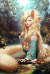  1boy animal_ears barefoot blonde_hair blue_eyes bug butterfly david_bowie eyebrows eyelashes fox_ears fox_tail hair_ornament highres bug lips long_hair looking_at_viewer male_focus nature original outdoors pond river seiza seriousbreakfesttime signature sitting slit_pupils solo tail trap tree very_long_hair  rating:Sensitive score:54 user:Owyn