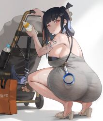  1girl absurdres ass ax baby_bottle back bare_shoulders bent_over black_bra black_hair bottle bra bra_peek breasts closed_mouth d_(killer_wife)_(nikke) d_(nikke) dongtan_dress dress from_behind full_body goddess_of_victory:_nikke hair_ornament hairclip heather_(fabric) high_heel_sandals highres huge_ass large_breasts looking_at_viewer looking_back lukapia meme_attire motherly pantylines red_eyes see-through_clothes short_dress sideboob soles solo squatting stroller tattoo thong underwear 