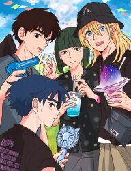  4boys ashitaka blonde_hair blue_eyes blue_hair blue_sky bob_cut brown_hair commentary_request food green_eyes green_hair hair_between_eyes haku_(sen_to_chihiro_no_kamikakushi) hand_fan highres holding holding_fan holding_water_gun howl_no_ugoku_shiro howl_pendragon karigurashi_no_arrietty looking_at_viewer looking_back male_focus medium_hair mononoke_hime multiple_boys rikaco1988 sen_to_chihiro_no_kamikakushi shaved_ice short_hair shou_(karigurashi_no_arrietty) sky studio_ghibli water_gun 