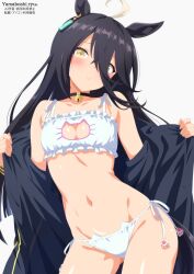  1girl ahoge alternate_costume animal_ears bell black_choker black_coat black_hair blush breasts cat_lingerie choker cleavage cleavage_cutout closed_mouth clothing_cutout coat collarbone commentary_request cowboy_shot earrings gluteal_fold hair_between_eyes highres horse_ears horse_girl horse_tail jewelry long_hair manhattan_cafe_(umamusume) meme_attire multicolored_hair navel neck_bell open_clothes open_coat panties removing_coat side-tie_panties simple_background single_earring small_breasts solo stomach streaked_hair tail umamusume underwear very_long_hair white_background white_hair white_panties yamaboshi_ryuu yellow_eyes 