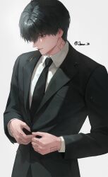  1boy black_eyes black_hair black_jacket black_necktie buttoning collared_shirt commentary fibonacci_sequence finger_tattoo food food_in_mouth hand_tattoo highres jacket jaeun_38 lapels male_focus nagumo_(sakamoto_days) neck_tattoo necktie notched_lapels pocky pocky_in_mouth sakamoto_days shirt short_hair simple_background solo tattoo twitter_username upper_body white_background white_shirt 