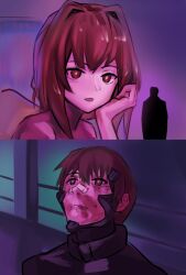  1boy 1girl bandage_on_nose bandaid blade_runner_(series) blade_runner_2049 bottle brown_eyes brown_hair fortified_suit injury kagami_sumika mecha_pilot_suit meme movie_reference muv-luv muv-luv_alternative neon_palette open_mouth parody red_eyes red_hair ribbon shirogane_takeru takasata_takina yellow_ribbon you_look_lonely_(meme) 