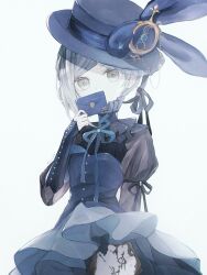  1girl black_dress black_hat blue_ribbon boater_hat clock covered_mouth covering_own_mouth dress envelope grey_eyes grey_hair hair_bun hand_up hat hat_ornament high_collar highres holding holding_envelope juliet_sleeves long_sleeves looking_at_viewer neck_ribbon official_alternate_costume puffy_sleeves rabbit_hat_ornament rainyam6 reverse:1999 ribbon single_side_bun solo upper_body vertin_(reverse:1999) white_background 