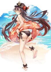 1girl absurdres ass barefoot beach bikini black_bikini breasts brown_hair floating_hair flower genshin_impact glasses grin hat hat_flower highres holding holding_swim_ring hu_tao_(genshin_impact) innertube long_hair looking_back medium_breasts plum_blossoms porkpie_hat red_eyes round_eyewear smile solo swim_ring swimsuit symbol-shaped_pupils very_long_hair yutoriko_(candy0905) rating:Sensitive score:38 user:danbooru