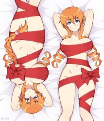 2girls absurdres areola_slip armpits arms_behind_head arms_up artist_name bed_sheet bound bow braid braided_ponytail breasts breasts_apart closed_mouth commentary dakimakura_(medium) date_a_live drill_hair english_commentary eyelashes feet_out_of_frame from_above gluteal_fold grey_eyes hair_between_eyes highres knees_together_feet_apart large_breasts legs long_hair looking_at_viewer lying multiple_girls naked_ribbon navel notka nude on_back red_bow red_ribbon ribbon ribbon_bondage shadow short_hair_with_long_locks sidelocks smile twin_drills yamai_kaguya yamai_yuzuru rating:Questionable score:28 user:danbooru