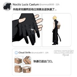  2boys animalization aries20770321 black_cat black_gloves black_vest blonde_hair blue_eyes box cardboard_box cat character_name chinese_text cloud_strife commentary copyright_name final_fantasy final_fantasy_vii final_fantasy_xv fingerless_gloves gloves hand_focus holding holding_box holding_hands jewelry male_focus marriage_proposal multiple_boys noctis_lucis_caelum photo-referenced pov pov_hands ring short_hair signature social_media_composition spiked_hair standing toned toned_male translated vest waist_cape white_background yaoi 