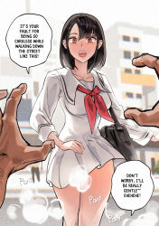  1boy 1girl absurdres age_difference bag black_hair commentary cowboy_shot duc_94 english_commentary english_text heavy_breathing highres neckerchief open_mouth original pov pov_hands red_neckerchief sailor_collar school_uniform serafuku shoulder_bag skirt teeth time_stop upper_teeth_only white_sailor_collar white_serafuku white_skirt yellow_eyes 
