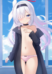  1girl black_bow black_choker black_coat black_eyes black_hairband blue_archive blue_sky blush bow bow_panties choker closed_mouth coat collarbone colored_inner_hair commentary_request cowboy_shot flat_chest gluteal_fold grey_hair hair_bow hair_over_one_eye hairband halo loli long_hair long_sleeves looking_at_viewer multicolored_hair navel nc731 paid_reward_available panties pink_hair pink_panties plana_(blue_archive) red_halo red_pupils sky smile striped_clothes striped_panties two-tone_hair underwear white_bow  rating:Questionable score:29 user:danbooru