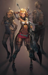  00s 1boy 2girls abs ahoge ashelia_b&#039;nargin_dalmasca asymmetrical_legwear blonde_hair braid breasts final_fantasy final_fantasy_xii hand_on_own_hip hip_focus huge_weapon kneehighs microskirt midriff mismatched_legwear multiple_girls muscular open_clothes open_vest over_shoulder penelo repi skirt small_breasts socks sword sword_over_shoulder thighhighs twin_braids underboob unitard vaan_(ff12) vest weapon weapon_over_shoulder wide_hips  rating:Sensitive score:79 user:danbooru