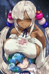 2girls breast_rest breasts breasts_on_head dark-skinned_female dark_skin earth-chan holocouncil hololive hololive_english large_breasts multiple_girls tsukumo_sana virtual_youtuber rating:Sensitive score:61 user:jojosstand