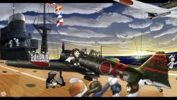  10s a6m_zero airplane cloud fairy_(kancolle) flag harumiya_hiro highres kantai_collection military_vehicle ocean propeller_fighter smile zero_(kantai_collection) 