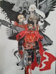  1boy 2girls alucard_(hellsing) armor auri_(aurimas_jucy) belt black_hair blonde_hair bolter book boots coat crossover daemonhost dual_wielding glasses grey_armor harkonnen_(gun) hellsing highres holding holding_bolter holding_sword holding_weapon inquisition_(warhammer) integra_hellsing medium_hair multiple_girls overcoat red_armor red_boots saber_(weapon) seras_victoria short_hair smile sword traditional_media warhammer_40k weapon white_hair 