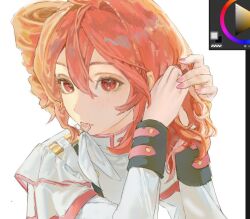  1girl adjusting_hair amel_303 art_program_in_frame closed_mouth double-parted_bangs drill_hair expressionless hair_between_eyes hair_ribbon hair_tie_in_mouth kasane_teto kasane_teto_(sv) long_sleeves medium_hair mouth_hold nail_polish pink_nails red_eyes red_hair ribbon simple_background sleeve_cuffs solo synthesizer_v twin_drills unfinished upper_body white_background white_ribbon 
