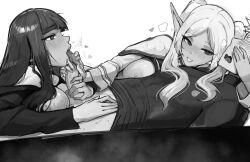  1boy 2girls aelion_draws blunt_bangs breasts elf erection fellatio fern_(sousou_no_frieren) ffm_threesome frieren greyscale group_sex hetero highres licking licking_penis long_hair monochrome multiple_girls nipples oral penis pointy_ears small_breasts sousou_no_frieren stark_(sousou_no_frieren) teamwork_(sexual) threesome twintails  rating:Explicit score:74 user:danbooru