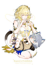  +_+ 2girls aged_down aglaea_(honkai:_star_rail) ancient_greek_clothes animal_ear_fluff animal_ears ankle_cuffs artist_name bare_shoulders barefoot bell belt black_belt black_hood black_ribbon black_shorts blonde_hair blue_collar blush breasts brown_shirt cat_ears cat_girl cat_tail child cipher_(honkai:_star_rail) cleavage closed_eyes closed_mouth collar collarbone colored_inner_hair commentary_request dress flower full_body greco-roman_clothes green_eyes grey_hair hair_between_eyes hair_flower hair_ornament hands_up highres honkai:_star_rail honkai_(series) kiguchi_hikaru large_breasts laurel_crown legs_up looking_at_object lying lying_on_person multicolored_hair multiple_girls nail_polish neck_bell neck_ribbon on_back ribbon seiza shirt short_hair short_sleeves shorts simple_background sitting sleeveless sleeveless_dress smile sparkle streaked_hair sweatdrop tail teeth thigh_strap thread torn_clothes torn_shirt trembling v-shaped_eyebrows wavy_hair white_background white_dress white_flower white_hair yarn yarn_ball yellow_nails 