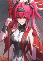  1girl armlet armor bare_shoulders bayris black_bow bodysuit bow breastplate breasts collar commentary gradient_hair hair_between_eyes hair_bow hair_intakes hair_ornament hairband highres jewelry large_breasts looking_at_viewer lupa_(wuthering_waves) metal_collar metal_hairband multicolored_hair multiple_hair_bows parted_lips pink_hair red_pupils red_sash revision sash smile solo tacet_mark_(wuthering_waves) twintails white_bodysuit wrist_guards wuthering_waves yellow_eyes 