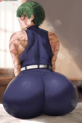  1girl ass blurry blurry_background glasses green_hair highres huge_ass indoors jujutsu_kaisen looking_at_viewer looking_back oroborus scar short_hair sitting solo steaming_body wide_hips yellow_eyes zen&#039;in_maki 