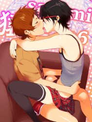  2boys absurdres black_hair black_nails closed_eyes crossdressing fushimi_saruhiko glasses highres imminent_kiss k-project male_focus multiple_boys orange_hair orange_shirt red-framed_eyewear shirt short_hair short_shorts shorts skirt thighhighs treslech3s yaoi yata_misaki 