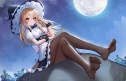  1girl absurdres black_bow black_bowtie black_hat blonde_hair bow bowtie braid breasts brown_pantyhose cloud commentary commission crossed_legs feet frills hair_bow hat highres kirisame_marisa legs long_hair moon nail_polish night pantyhose second-party_source sitting sky soles solo star_(sky) starry_sky toenail_polish toenails toes touhou variant_set witch_hat wristband xingchee yellow_eyes 