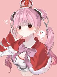  1girl absurdres blunt_bangs blush bow bowtie capelet commentary_request crown ghost highres looking_at_viewer mini_crown one_piece perona pink_background pink_bow pink_bowtie pink_hair red_capelet red_nails simple_background solo tongue tongue_out twintails u_mi031 upper_body 