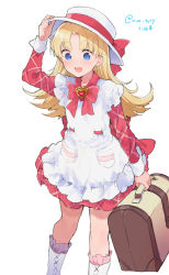1girl :d apron ashita_no_nadja bad_id bad_twitter_id bag blonde_hair blue_eyes blush bow bowtie brooch dress female_focus hand_up hat hat_bow heart heart_brooch holding holding_bag ikeuchi_tanuma jewelry long_sleeves nadja_applefield open_mouth red_apron red_bow red_bowtie red_dress simple_background smile solo standing twitter_username white_background white_hat rating:Sensitive score:10 user:danbooru