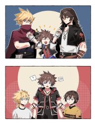  3boys ? ?? age_comparison aged_down arm_belt armor belt black_jacket black_shirt blonde_hair blue_background blue_eyes border brown_hair chain chain_necklace cloak closed_eyes cloud_strife cropped_jacket crossed_arms final_fantasy final_fantasy_vii final_fantasy_viii fingerless_gloves gloves hair_between_eyes highres holding_hands jacket jewelry kingdom_hearts kingdom_hearts_iii long_hair low_ponytail male_focus multiple_belts multiple_boys necklace official_alternate_costume open_mouth parted_bangs pauldrons ponytail red_background red_cloak ry_mangdung scar scar_on_face scar_on_forehead shirt shirt_under_shirt short_hair shoulder_armor single_pauldron smile sora_(kingdom_hearts) spiked_hair spoken_question_mark squall_leonhart sweatdrop white_border white_shirt yellow_shirt 