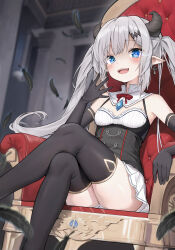 1girl :d absurdres ai_cao armchair ass bare_shoulders black_feathers black_gloves black_thighhighs blue_eyes blurry blurry_background bow breasts chair commentary_request cross cross_earrings crossed_legs depth_of_field earrings elbow_gloves feathers feet_out_of_frame gloves grey_hair hand_up highres horns indoors jewelry long_hair on_chair open_mouth original pleated_skirt pointy_ears red_bow sitting skirt small_breasts smile solo thighhighs twintails very_long_hair white_skirt rating:Sensitive score:8 user:danbooru