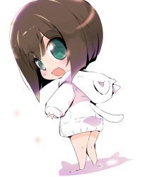  1girl animal_ear_hood animal_ears aqua_eyes bare_legs barefoot blunt_bangs blunt_ends bob_cut brown_hair cat_ears cat_tail chibi commentary_request dress fake_animal_ears fake_tail fang happy hood hood_down hooded_dress idolmaster idolmaster_cinderella_girls light_blush light_particles long_sleeves looking_at_viewer looking_back maekawa_miku open_mouth puffy_long_sleeves puffy_sleeves shadow short_hair simple_background skin_fang sleeves_past_wrists smile solo standing sweater sweater_dress tail tareme usoneko white_background white_dress 